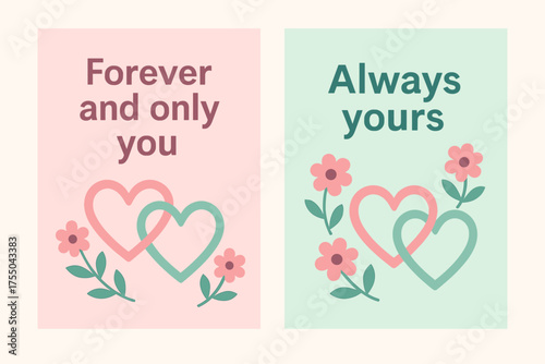 Intertwined Hearts Banners. Forever and only you. Two vertical A6 banners with safe margins, centered composition, no elements touching edges, flat vector
