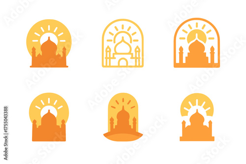 Travel Photo Logos. Taking travel photos. Set Logo of Taking travel photos: sunrise over famous landmark. harmonious logo variations of the same emblematic