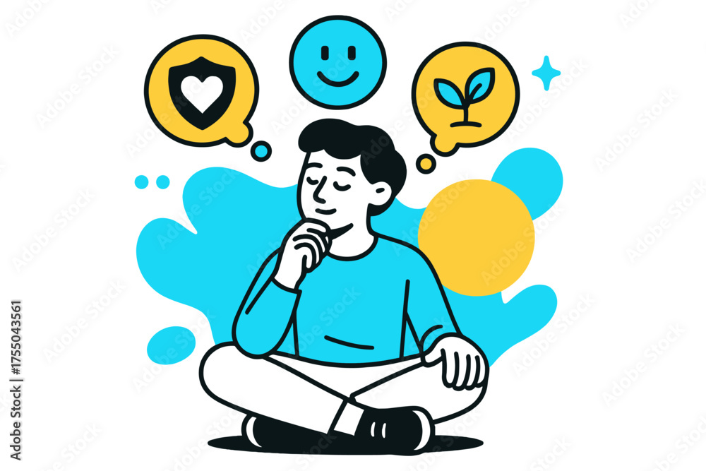 Naklejka premium Introspective Thought Bubbles. Self-Reflection. Person sitting cross-legged, floating abstract thought bubbles and icons representing honesty, kindness, and