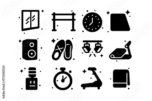 Dance Studio Icons. Dance Studio. Solid icons set of Dance Studio: mirror, barre, floor mat, speaker, clock, stage lights, water cooler, dance shoes, yoga mat,