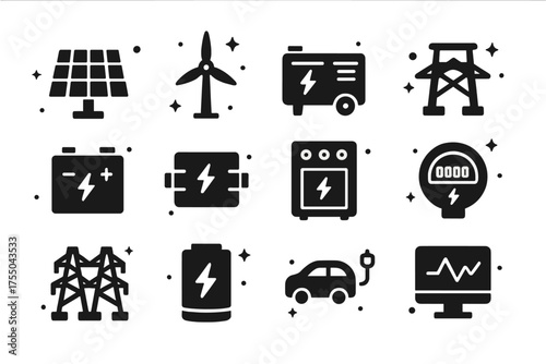 Distributed Generation Icons. Distributed Generation. Solid icons set of Distributed Generation: solar panel, wind turbine, generator, microgrid hub, battery,