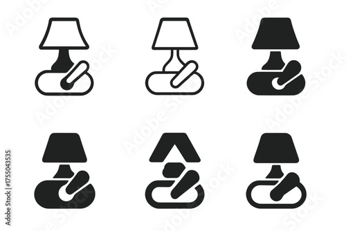 Bedside Lamp Logos. Turning on a bedside lamp. Set Logo of Turning on a bedside lamp: lamp switch toggled. harmonious logo variations of the same emblematic