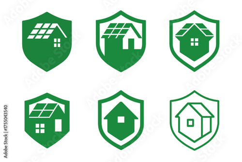 Eco House Logos. Energy-saving tips poster. Set Logo of Energy-saving tips poster: Eco house with solar roof and shield. harmonious logo variations of the same