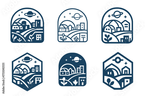 Futuristic Habitat Logos. A futuristic space habitat with living quarters, gardens, and workspaces. Set Logo of A futuristic space habitat with