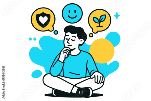 Introspective Thought Bubbles. Self-Reflection. Person sitting cross-legged, floating abstract thought bubbles and icons representing honesty, kindness, and