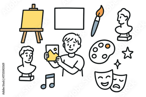 Creative Art Highlights. Art Showcase. Hand-drawn doodle illustration easel (colored), canvas, paintbrush (colored), sculpture, student with artwork (colored),