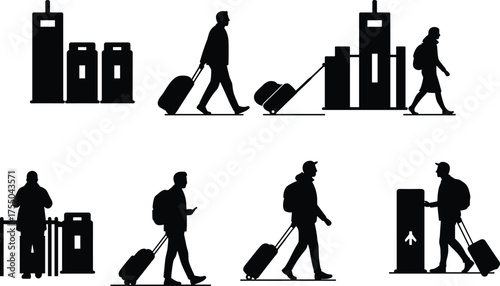Silhouettes of travelers with luggage at airport, walking, check-in, boarding process, modern air travel lifestyle illustration concept