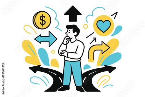 Navigating Life's Choices. Decision Reflection. Person standing at a fork in abstract paths, floating arrows and value icons showing choices, thoughtful