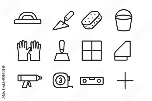 Grouting Tools Icons. Grouting tools. Line icon set of Grouting tools: grout float, trowel, sponge, bucket, rubber gloves, scraper, tile square, corner tile,