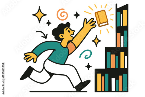 Glowing Library Moment. Library moment. Glowing reader reaching toward a glowing book high up on a tall bookshelf. Floating icons of sparkle, star, and swirl