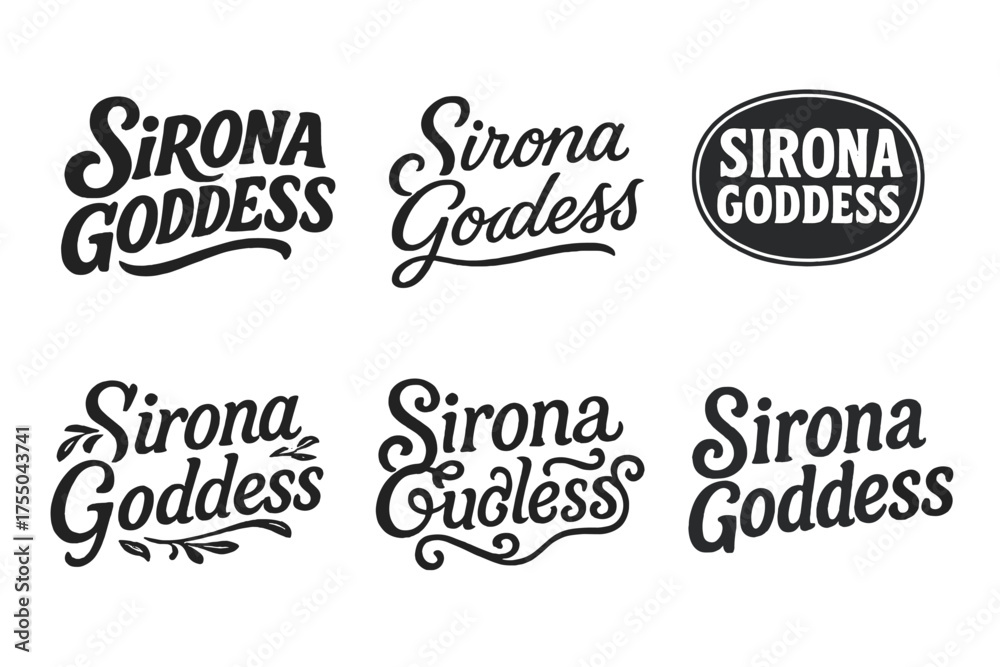 Fototapeta premium Sirona Lettering Variations. Sirona Goddess. Set lettering. harmonious lettering variations of the same emblematic concept (Bold hand-lettering with playful