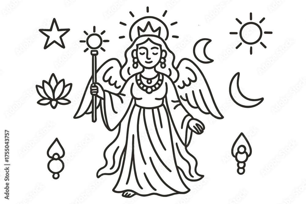 Obraz premium Goddess Doodle Symbols. Goddess. Hand-drawn doodle illustration Goddess crown halo flowing robes lotus flower star moon sun scepter wings jewelry necklace