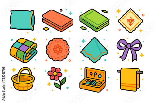 Colorful Linen Icons. Linen Decor. Colorful isometric vector icons set of linen decor: pillowcase, bed sheet, folded tablecloth, embroidered napkin, quilt,