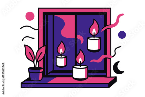 Floating Candle Serenity. Evening Glow. Window sill with floating candles and abstract light shapes, warm ambient evening indoor scene, cozy and peaceful mood.