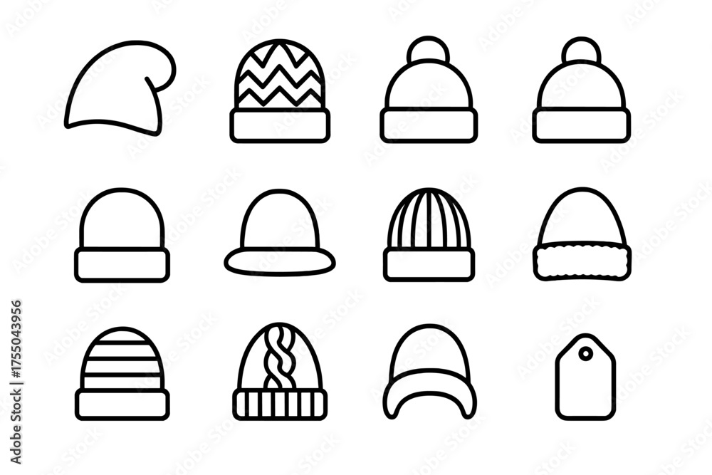 Fototapeta premium Cozy Beanie Icon Set. Cozy headwear. Line icon set of Cozy headwear: slouchy beanie, knitted beanie, cuffed beanie, pom-pom beanie, folded beanie, wool hat,