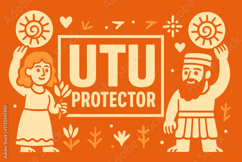 Vibrant Utu Protector Banner. Utu Protector banner, flat vector illustration, bold oversized text inside rectangular frame, cartoon characters standing and