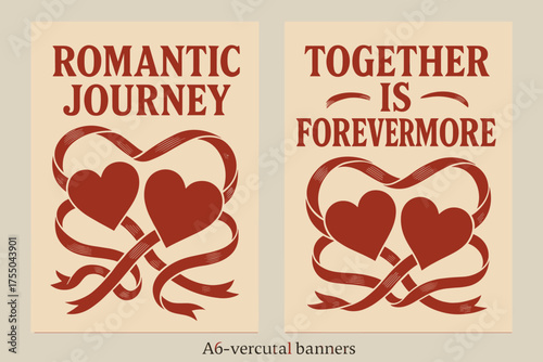 Romantic Journey Banners. Romantic journey. Two vertical A6 banners with safe margins, centered composition, no elements touching edges, retro, red and beige,