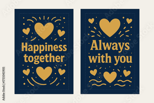 Joyful Banners Design. Happiness together. Two vertical A6 banners with safe margins, centered composition, no elements touching edges, bold, navy and gold,