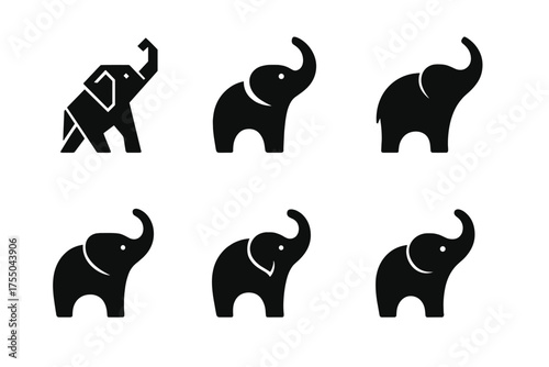 Elephant Logo Variations. Elephant Performance. Set Logo of Elephant Performance: elephant raising trunk. harmonious logo variations of the same emblematic