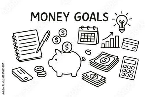 Money Goals Doodle. Money Goals. Hand-drawn doodle illustration Money Goals piggy bank notebook pen coins dollar bills calendar chart credit card light bulb