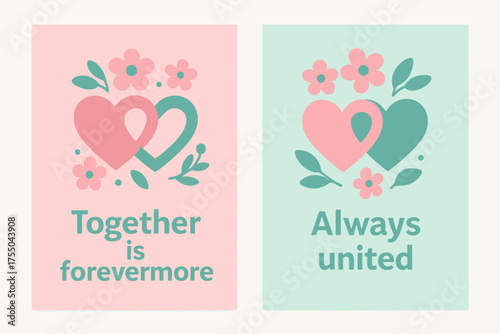 Pastel Unity Banners. Together is forevermore. Two vertical A6 banners with safe margins, centered composition, no elements touching edges, flat vector design,
