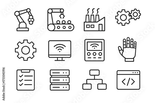 Smart Factory Icons. Smart factory. Line icon set of Smart factory: robot arm, conveyor belt, factory building, gears, cogwheel, computer monitor, control