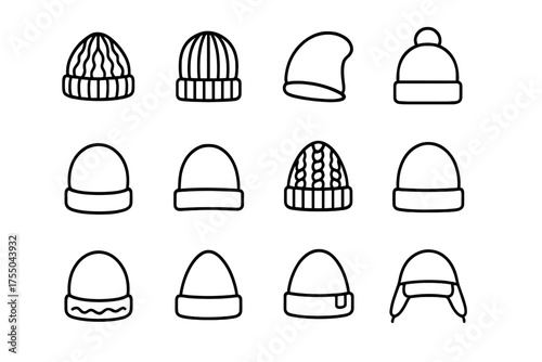 Fashion Beanie Icons. Fashion beanies. Line icon set of Fashion beanies: knitted beanie, ribbed beanie, slouchy beanie, pom-pom beanie, cuffed beanie, folded