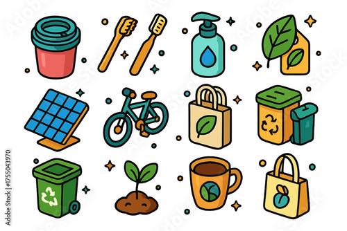 Colorful Eco Icons. Eco Choices. Colorful isometric vector icons set of eco choices: reusable cup, bamboo toothbrush, refill bottle, eco label, solar panel,