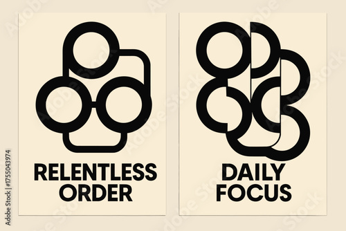 Bauhaus Wisdom Banners. Wisdom. Two vertical A6 banners with safe margins, centered composition, no elements touching edges, bauhaus style, black and cream,