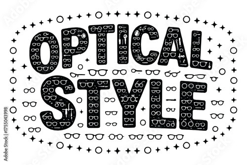 Optical Icon Letters. Decorative Display Lettering: "Optical Style" ? letters filled with miniature icons of glasses, frames, lenses, and optician tools,