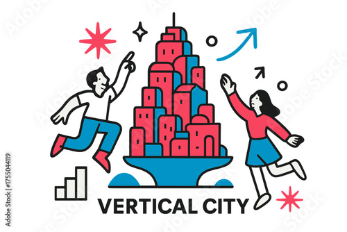 Futuristic Vertical Metropolis. Vertical City. A glowing futuristic city built upward with stacked layers, abstract spark and line icons symbolizing expansion.