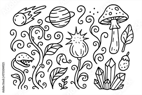 Space Jungle Doodle. Space Jungle. Hand-drawn doodle illustration Space Jungle alien vine bulb spiral leaf mushroom crystal pod glowing spores comet planet.