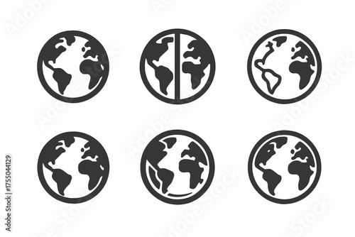 Global Map Logos. Global Map. Set Logo of Global Map: stylized atlas view. harmonious logo variations of the same emblematic concept, each with different