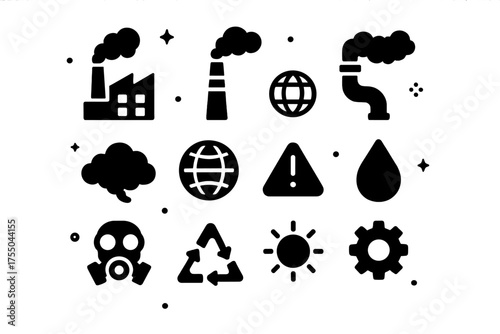 Industrial Emissions Icons. Factory emissions. Solid icons set of Factory emissions: factory building, smoke stack, industrial pipe, cloud of smoke, globe,