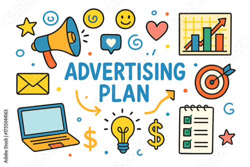 Colorful Marketing Doodle Icons. Advertising Plan. Colorful Hand-drawn doodle Children illustration megaphone, social media icon, chart, graph, target, arrow,