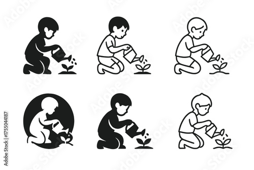Kids Gardening Logos. Kids learning and growing through hands-on experiences. Set Logo of Kids learning and growing through hands-on experiences: seedling and