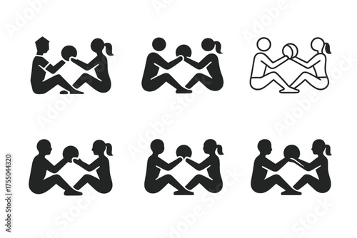 Partner Exercise Logos. A couple doing partner exercises, motivating and supporting each other. Set Logo of A couple doing partner exercises, motivating and