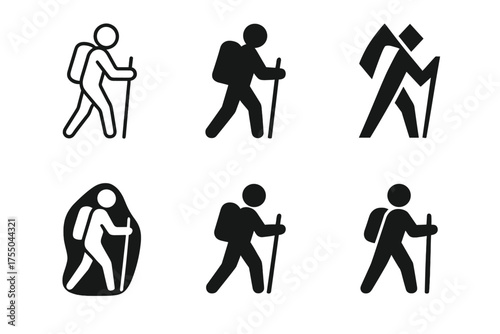 Settler Logo Variations. Settler. Set Logo of Settler: silhouette of a person with backpack and walking stick. harmonious logo variations of the same