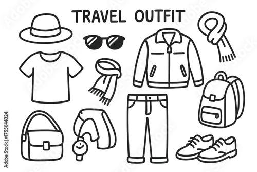 Travel Outfit Doodles. Travel Outfit. Hand-drawn doodle illustration Travel Outfit hat scarf sunglasses jacket shirt pants shoes bag backpack watch. Simple