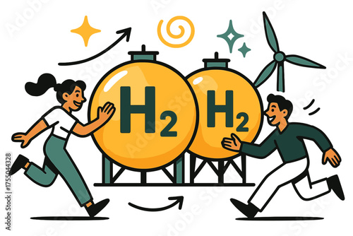 Spherical Hydrogen Tanks. Storage tanks. Glowing spherical hydrogen tanks beside renewable plant, marked with H? symbol. Floating icons of sparkle, star, and