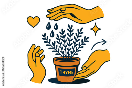 Nurturing Thyme Artistry. Herbal nurture. Glowing hands gently watering a pot of thyme with tiny droplets shining. Floating icons of heart, droplet, and