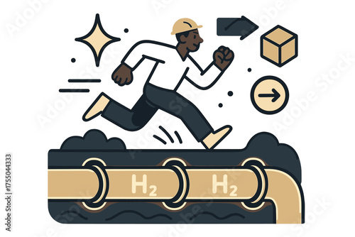 Hydrogen Pipeline Flow. Hydrogen pipeline. Glowing underground pipe carrying hydrogen gas, marked with glowing ?H?? icons. Floating icons of sparkle, cube, and