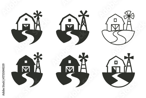 Rustic Farmhouse Logos. A rustic farmhouse with a windmill in the distance. Set Logo of A rustic farmhouse with a windmill in the distance: Barn door framed by