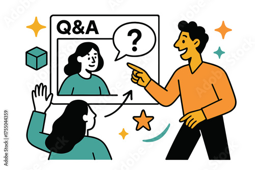 Interactive Presentation Scene. Q&A session. Glowing presenter pointing to big screen where remote participant?s question bubble appears. Floating icons of