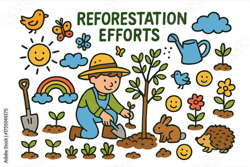 Reforestation Joyful Doodle. Reforestation Efforts. Colorful Hand-drawn doodle Children illustration Reforestation Efforts tree saplings, watering can, shovel,