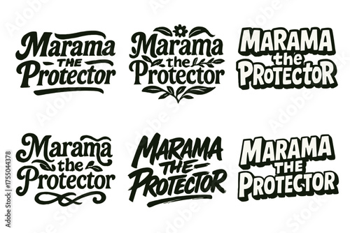 Marama Lettering Variations. Marama the Protector. Set lettering. harmonious lettering variations of the same emblematic concept (Bold hand-lettering with