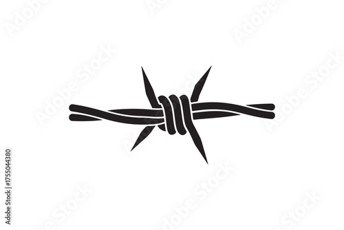 Black barbed wire with sharp points on white background