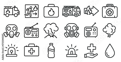 Emergency and safety icons set – outline, linear, rescue and alert symbols