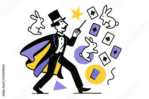 Silent Magician Scene. Silent movie vibe. Stage magician performing a trick, abstract floating cards and rabbits, geometric shapes emphasizing dramatic