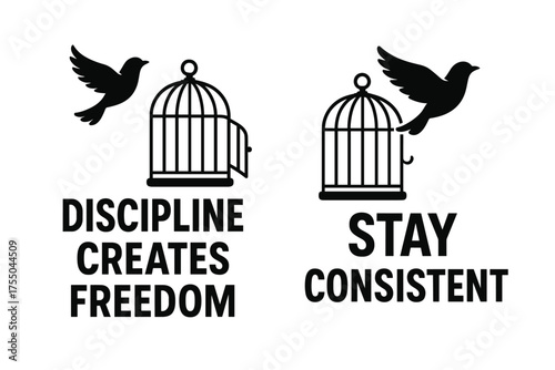 Discipline and Freedom Banners. Motivation. Two vertical A6 banners with safe margins, centered composition, no elements touching edges, flat vector design,